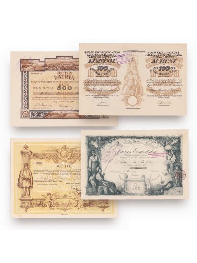 Colecție de patru acțiuni:  „Patria”, „Banca Comerțului”, „Banca Poiana”, „Casă de Economie Agrară Târgu-Mureș”, 1920-1940