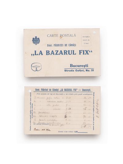 Fabrica de cămăși „La Bazarul Fix”, carte poștală pentru comenzi, 1912 