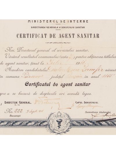 Datculescu Zamfir, certificat de agent sanitar, 9 septembrie 1911