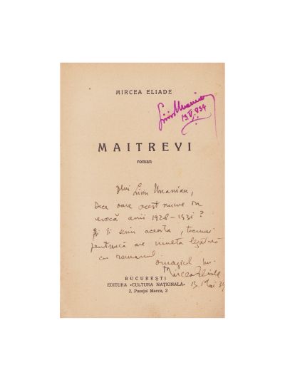Mircea Eliade, Maitreyi, 1934, cu dedicație pentru Liviu Unanian și ex-libris