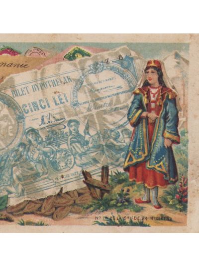 Carte poștală în miniatură ilustrată cu un bilet ipotecar de cinci lei