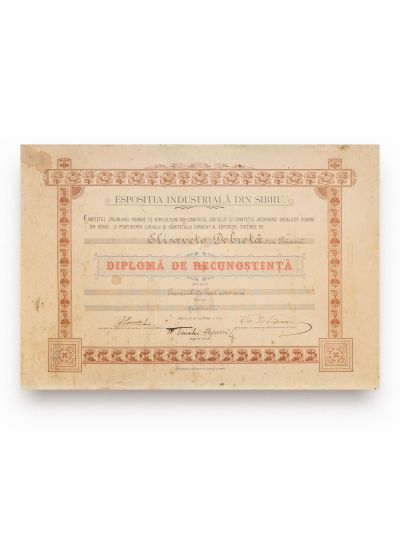 Expoziția Industrială din Sibiu, diplomă de recunoștință, 1902, semnată de Timotei Popovici