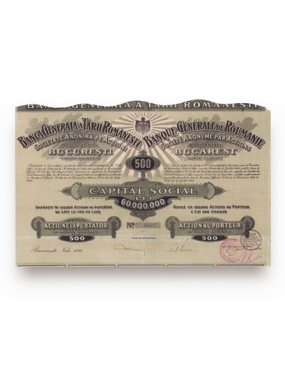 Banca Generală a Țării Românești, acțiune la purtător în valoare de 500 lei, 1920