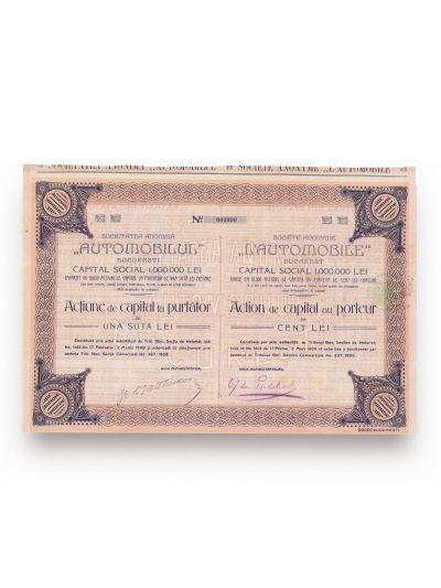 Societatea „Automobilul”, acțiune de capital la purtător în valoare de 100 lei, 1909