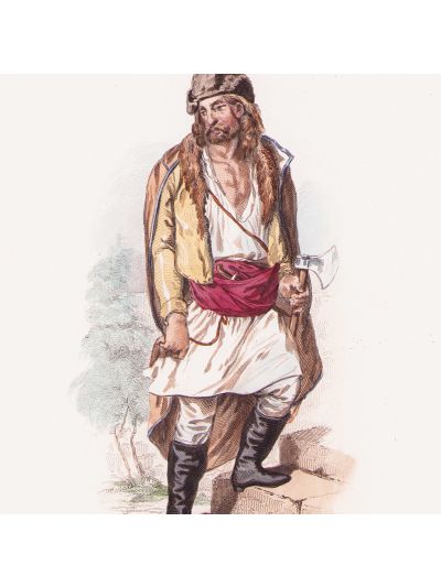 Țăran din zona Galați, litografie colorată manual, cca. 1840