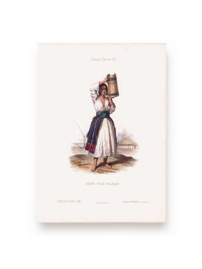 Tânără din Valahia cu putina, litografie colorată manual, gravor Michel Bouquet, cca. 1840