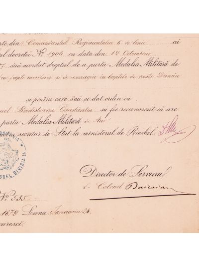 Col. Constantin Budișteanu, brevetul medaliei Virtutea Militară, clasa I „de Aur”, 1879