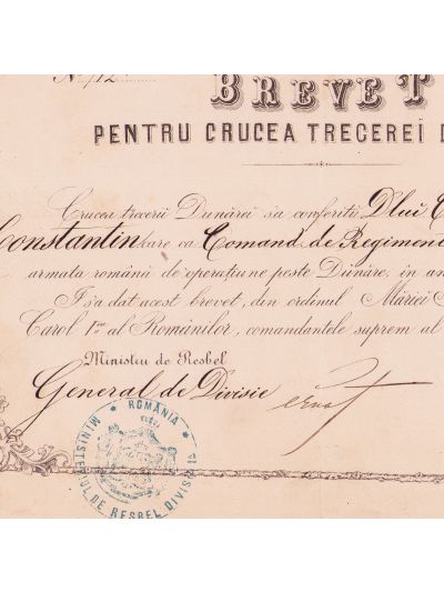 Col. Constantin Budișteanu, brevetul Crucii „Trecerea Dunării”, 1878