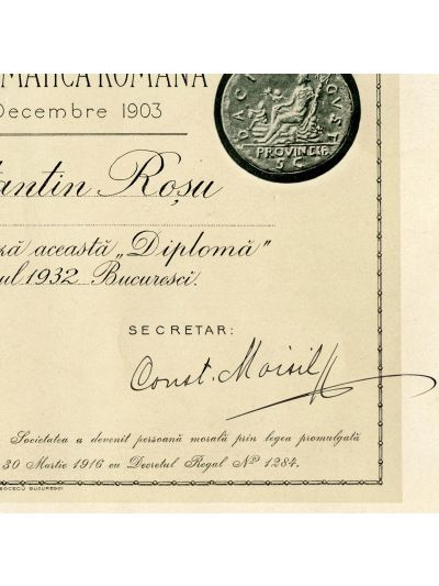 Constantin Roșu, diplomă de membru al Societății Numismatice, 1932