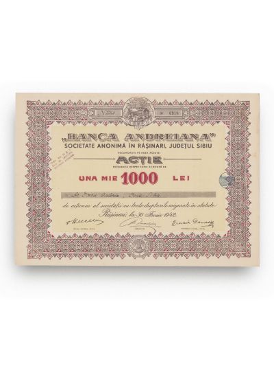 „Albina”, „Banca Andreiana”, „Banca Centrală pentru Industrie și Comerț”, Banca Agrară, 4 acțiuni + un titlu + un certificat provizoriu