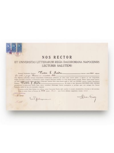 Diplomă de doctor în drept, semnată de Emil Hațieganu