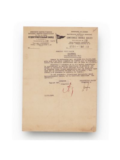 Șantierele Navale Galați, adresă pentru Vulcu Maxim, 1.III.1949