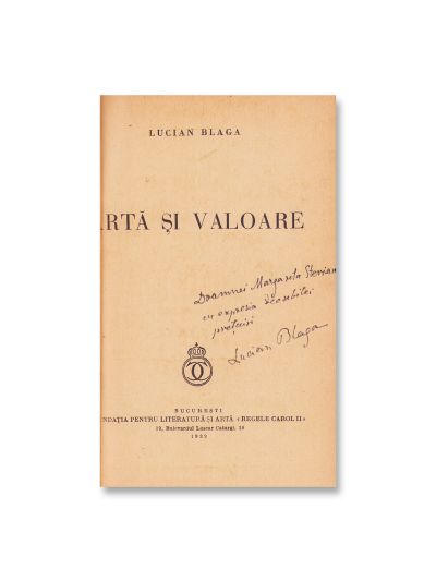 Lucian Blaga, Artă și valoare, 1939, cu dedicație pentru Margareta Sterian