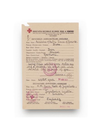 Ileana, Arhiducesa Austriei, mesaj transmis reginei Maria a Iugoslaviei, 27 octombrie 1943