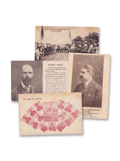 Candidați politici și monumentul celor 13 martiri din Arad, patru cărți poștale fotografice