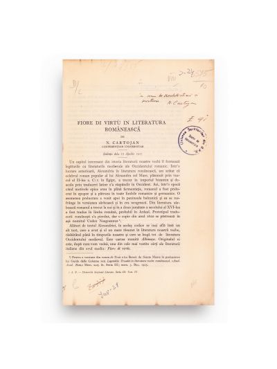 N. Cartojan, Fiore di virtù în literatura românească, 1928, cu dedicație olografă