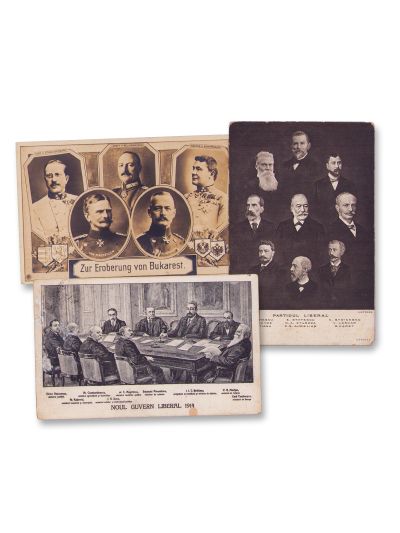 Trei cărți poștale fotografice și ilustrate cu subiecte politice