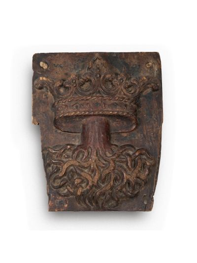 Blazonul orașului Brașov, lemn sculptat pe spatele unei icoane, sec XVIII