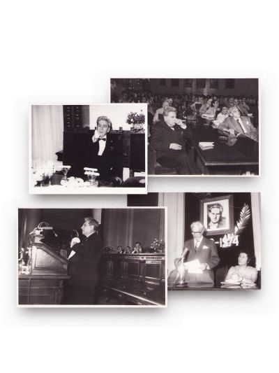 Criticul George Călinescu în Aula Academiei Române, patru fotografii de epocă, ex-librisul lui Petre Popescu Gogan