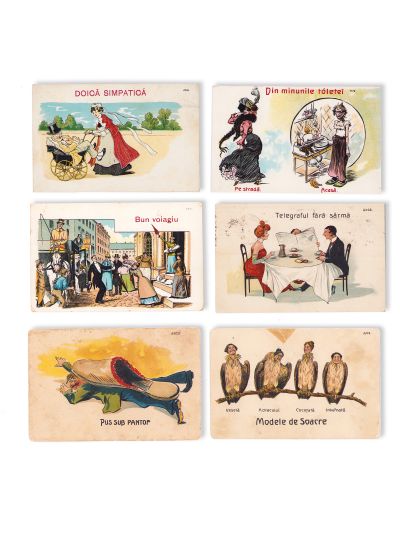 Ilustrate umoristice cu tematică socială, șase cărți poștale