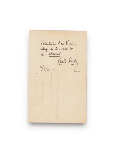 Radu D. Rosetti, fotografie tip carte poștală cu dedicație pentru scriitoarea Aida Vrioni, 1935