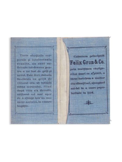 Husă cu reclama loteriei private pe clase - Colectura Felix Grun & Co.