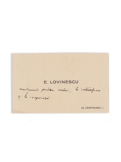 E. Lovinescu, carte de vizită cu însemnare olografă