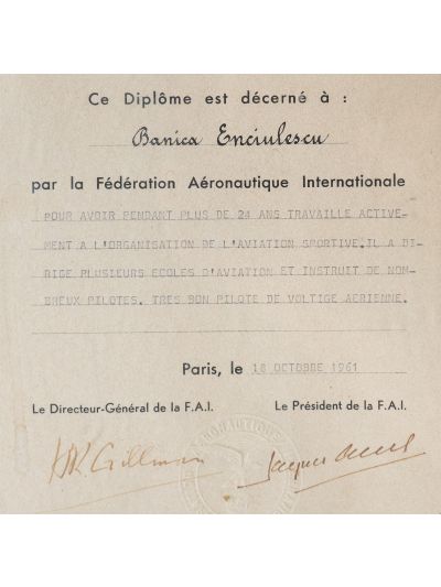 Fédération Aéronautique Internationale, diplomă pentru Banica Enciulescu, 18 octombrie 1961