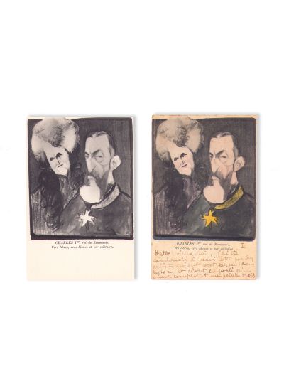 Regele Carol I și regina Elisabeta a României, două cărți poștale satirice, ilustrator Tomás Leal da Câmara 
