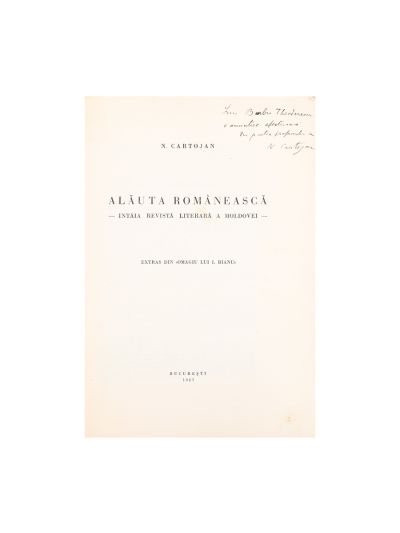 Nicolae Cartojan, Alăuta Românească, 1927, cu dedicație pentru Barbu Theodorescu