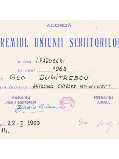 Geo Dumitrescu, trei premii acordate de Consiliul Uniunii Scriitorilor, 1964-1981