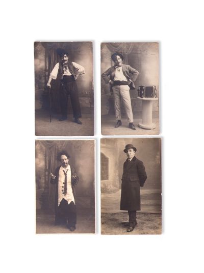 Actorul Constantin Tănase interpretând diverse roluri, patru fotografii tip carte poștală