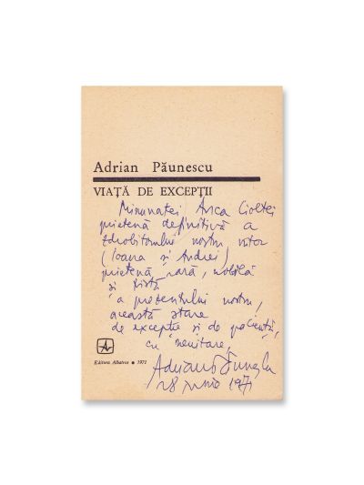 Adrian Păunescu, Viață de excepții, 1971, cu dedicație 