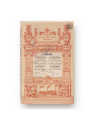 Societatea de Bazalt Artificial și Ceramică, acțiune în valoare de 250 lei, 1895