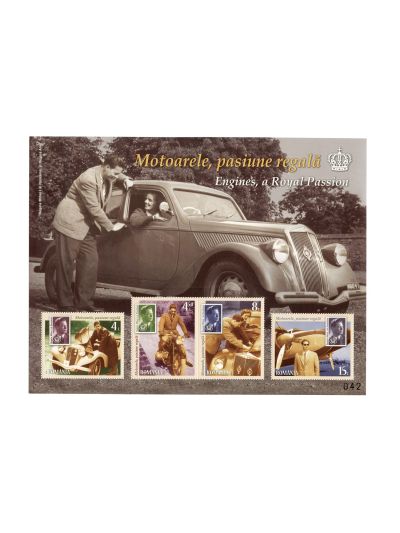 Album Filatelic, Motoarele, pasiunea regală, cu semnătura Principesei Margareta și a Principelui Radu + două coli de timbre