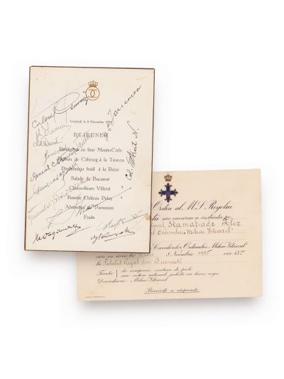 Meniul mesei festive din 8 noiembrie 1935, cu semnătura regelui Carol al II-lea + invitație 