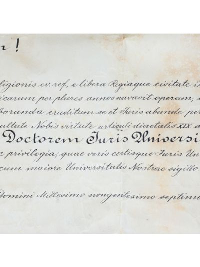 Diplomă de Doctor în Drept emisă de Universitatea Regală Maghiară „Franz Joseph” din Cluj, 1872