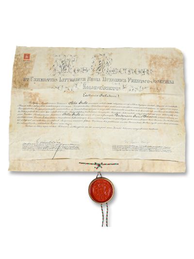 Diplomă de Doctor în Drept emisă de Universitatea Regală Maghiară „Franz Joseph” din Cluj, 1872