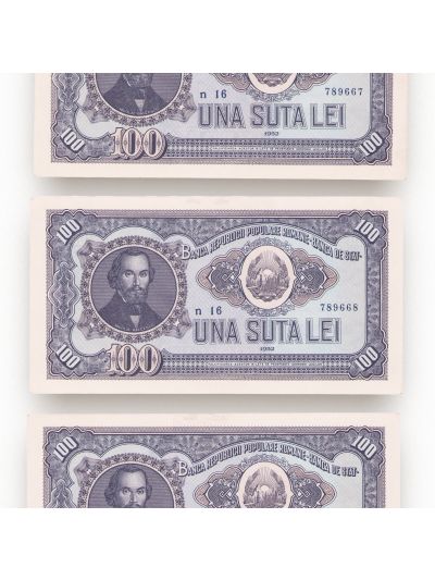 Trei bancnote în valoare de 100 lei din 1952, necirculate, serie consecutivă