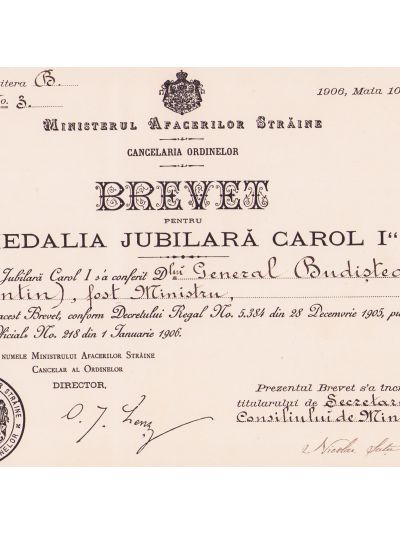 Gen. Constantin Budișteanu, brevetul ordinului „Medalia Jubiliară Carol I”, 1906