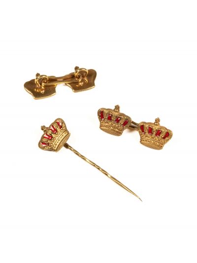 Set de butoni și ac de rever din argint aurit cu simbolul coroanei României