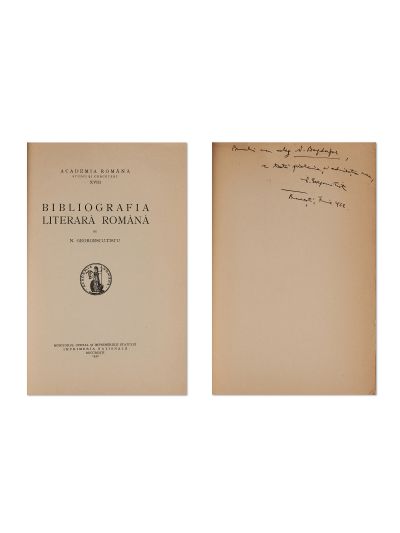 N. Georgescu-Tistu, Bibliografia literară română, 1932, cu dedicație pentru N. Bagdasar
