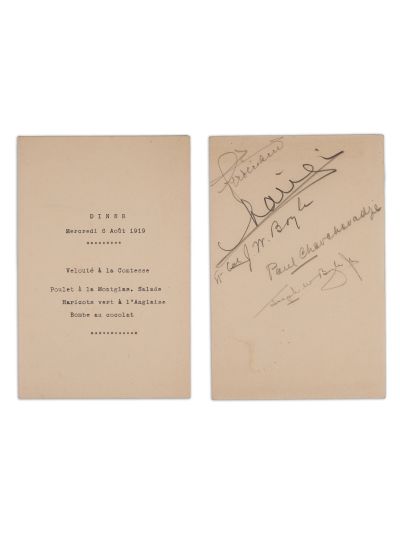 Cina festivă - Intrarea României în Budapesta, meniu semnat de regina Maria, regele Ferdinand I și Joseph Boyle, 6 august 1919 