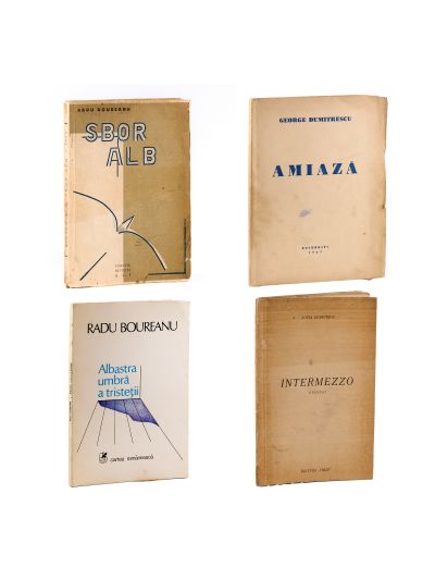 Radu Boureanu, Albastra umbră a tristeții + Sbor alb, George Dumitrescu, Amiază + Lucia Demetrius, Intermezzo, cu dedicații olografe, 1939-1986