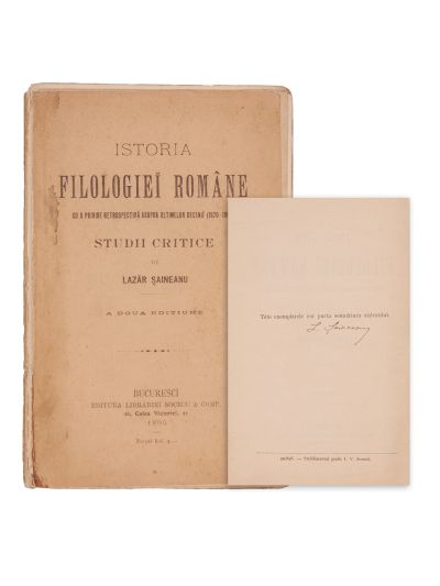 Lazăr Șăineanu, Istoria filologiei române, 1895, cu semnătură olografă de tiraj