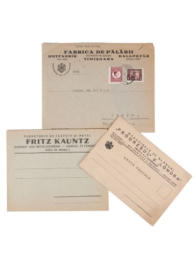 Magazinul de blănuri „Progresul” și „Londra”, turnătoria Fritz Kauntz și Fabrica de pălării, două plicuri și o carte poștală 