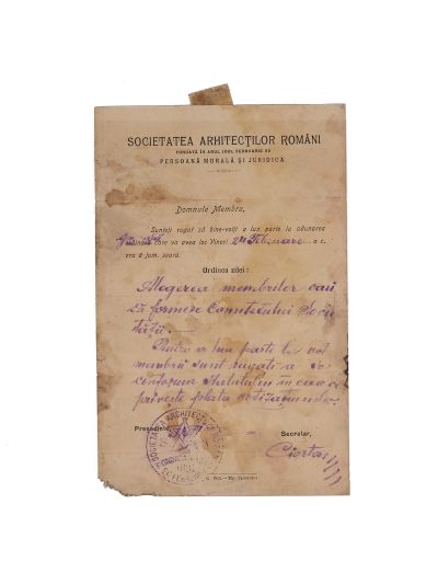 Popescu Ilie, invitație la adunarea Societății Arhitecților Români, semnat de Statie Ciortan