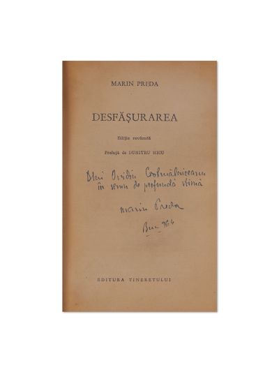 Marin Preda, Desfășurarea, 1964, cu dedicație pentru Ovid Crohmălniceanu 