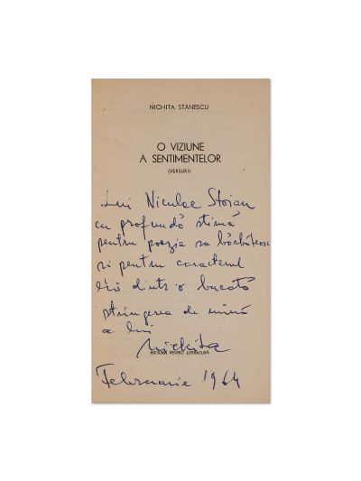 Nichita Stănescu, O viziune a sentimentelor, 1964, cu dedicație pentru Nicolae Stoian 