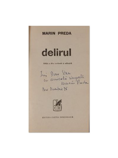 Marin Preda, Delirul, 1975, cu dedicație olografă
